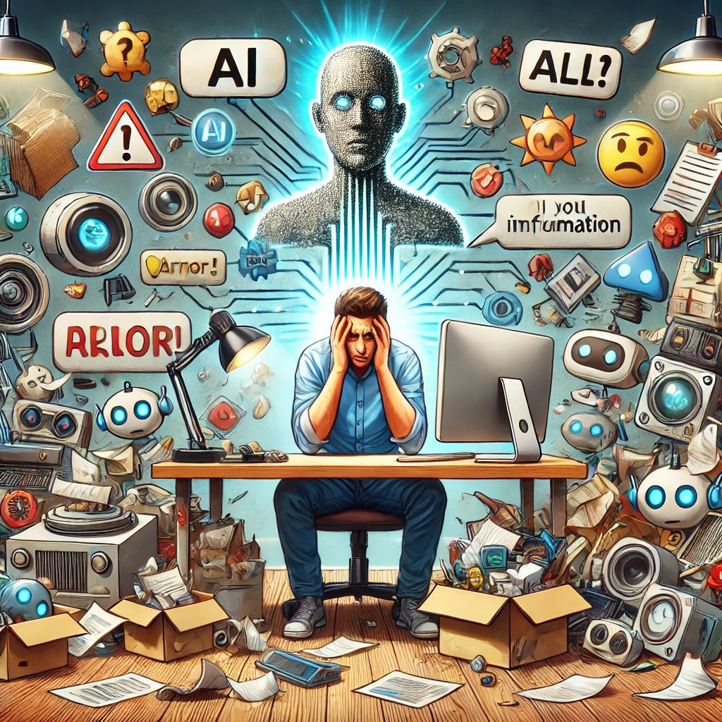 frustrated small business owner surrounded by mess of broken AI tools and gadgets