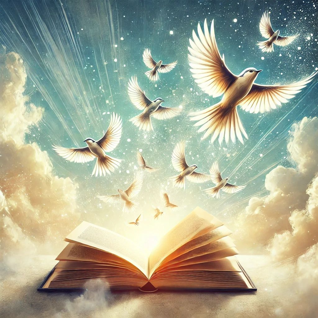 open book with pages transforming into birds flying upward representing truth