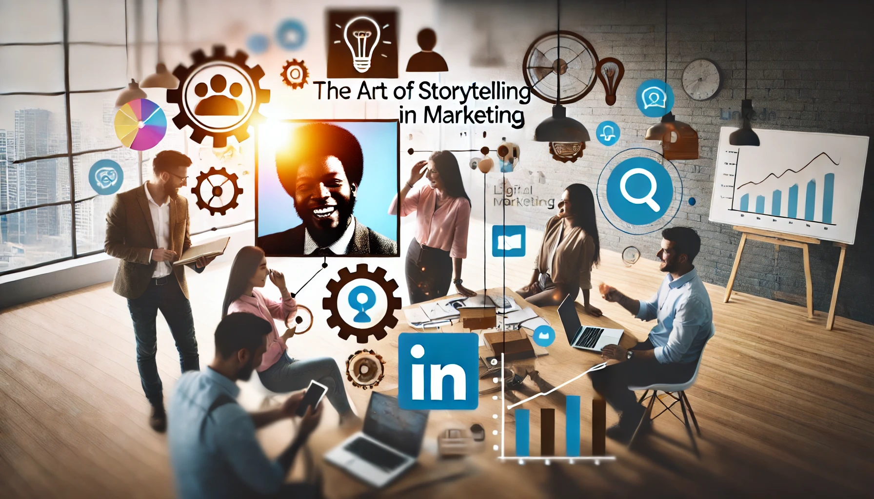 visually appealing image captures the essence of The Art of Storytelling in Marketing with elements of modern digital marketing