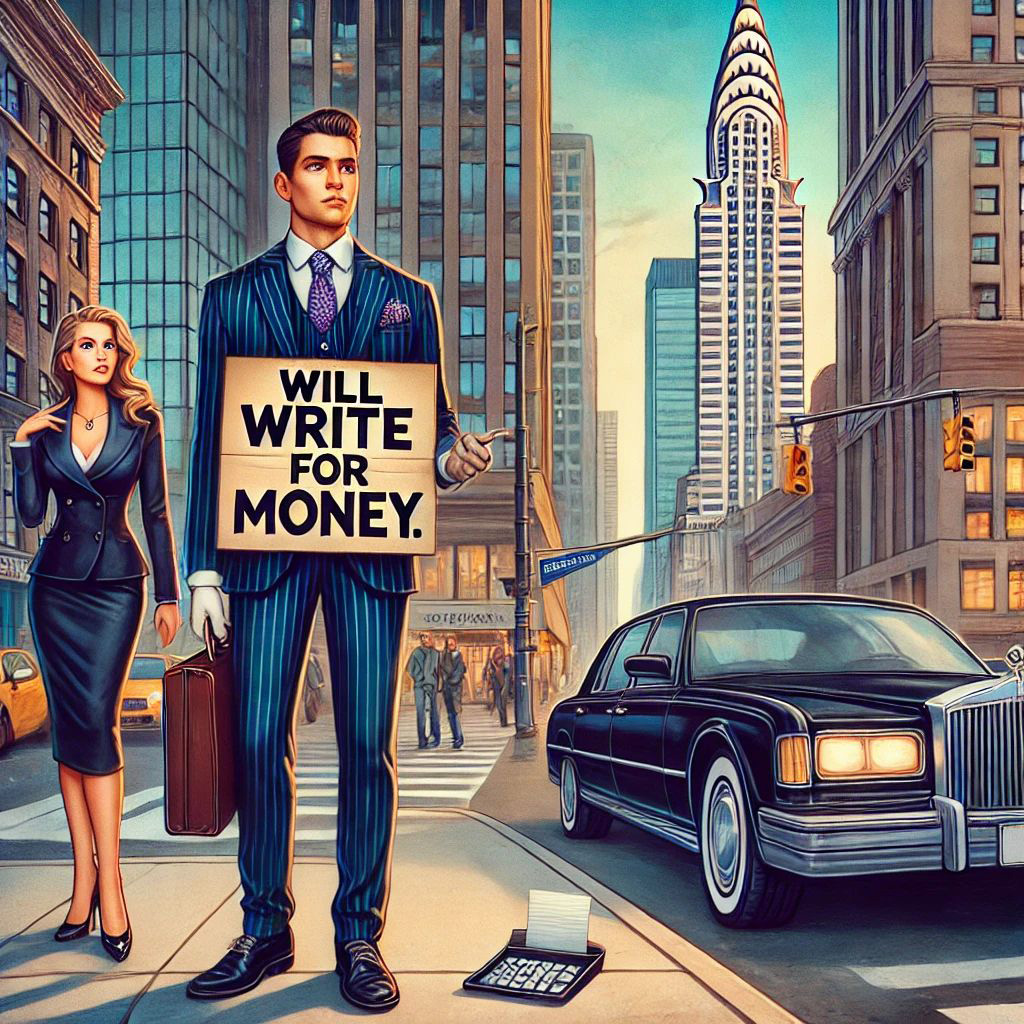 A humorous and surreal illustration of a well-dressed man in a sharp three-piece suit holding a cardboard sign that says Will Write For Money